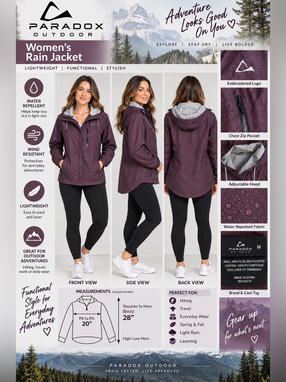 Paradox Outdoor Women’s Medium Purple Hooded Rain Jacket High Low